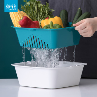茶花 双层洗菜篮子塑料沥水篮厨房淘米洗菜盆家用客厅创意水果盘_503