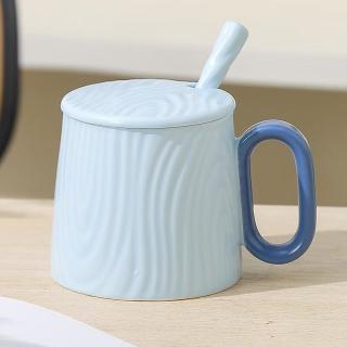 欧因 陶瓷马克杯水杯家用陶瓷杯子带盖子创意情侣咖啡杯伴手礼杯 浅蓝（杯+盖+勺） 320ML