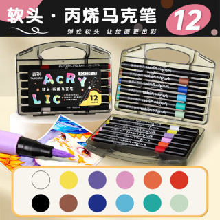 真彩 丙烯马克笔不透色可叠色儿童水彩笔笔芯 12色圆杆+高端黑盒