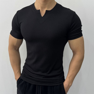 2026短袖T恤夏季速干上衣训练V领紧身衣男跑步健身服修身打底衫
