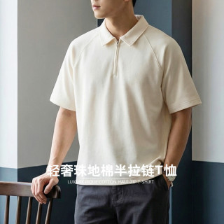 polo轻奢夏季纯色半拉链男士透气T恤 半拉链短袖POLO衫 220g珠地