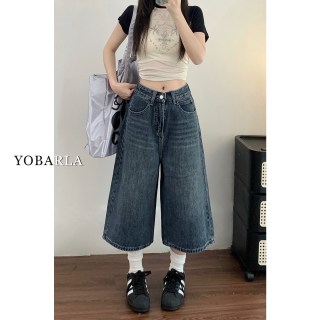 移动端：YOBARLA 复古阔腿牛仔七分裤女夏季新款梨形身材大码胖mm宽松显瘦直筒裤子