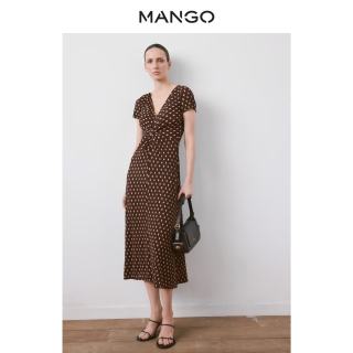 MANGO 女装新款时尚辣妹褶皱小碎花印花度假连衣裙 棕色-短袖