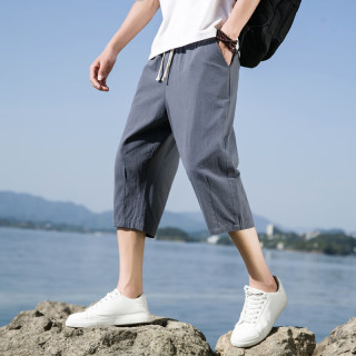 月伊纺 夏季新款棉麻休闲裤男士亚麻裤潮流百搭100%纯棉七分裤青年直筒裤