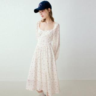 乐町 收腰气质长袖连衣裙春夏打卡仙女裙碎花雪纺裙