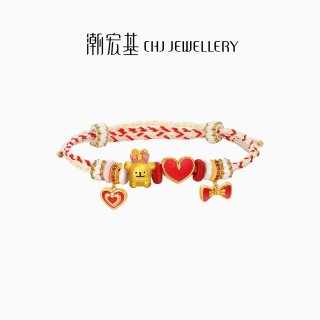 潮宏基 线条小狗黄金串珠足金转运珠s925银手绳手链七夕