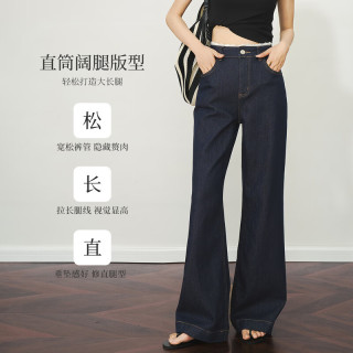 OLRAIN 蓝色显瘦直筒阔腿牛仔裤女夏季新款高腰垂感长裤 普鲁士蓝 XL