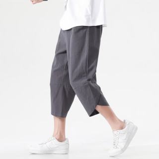 月伊纺 夏季纯棉七分裤男士溥款宽松直筒棉麻裤青年亚麻马裤100%棉休闲裤