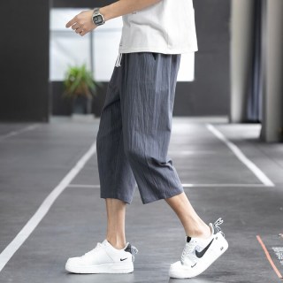 月伊纺 2026夏季冰丝宽松100%纯棉短裤男士宽松百搭棉麻七分裤青年直筒裤