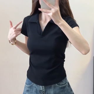 大码女装2026新款夏季压褶修身显瘦百搭翻领短袖T恤女时尚上衣