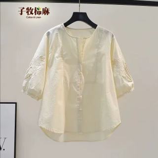 子牧棉麻 文艺镂空刺绣中袖衬衫 浅黄色 L