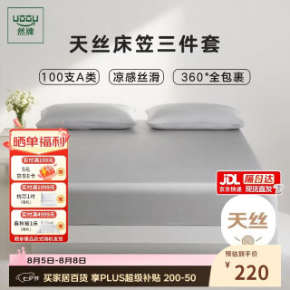 然牌 夏季冰丝三件套 莱赛尔天丝A类凉感床笠枕套一对银霜灰 1.5米床