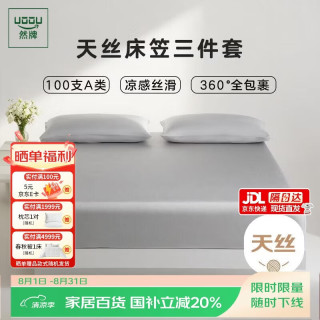 然牌 天丝莱赛尔三件套 夏季A类冰丝凉感床笠枕套一对银霜灰 1.8米床