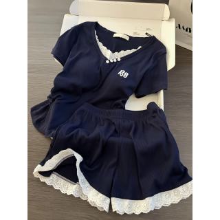 另尘莫代尔棉绸睡衣女款夏季短袖2026新款高级感蕾丝夏天家居服可外穿 1999-3 藏蓝色 M