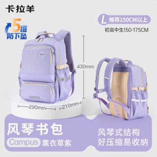 卡拉羊 5-9年级减负轻便大容量风琴书包初中生女高中男学生双肩包