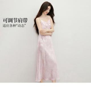 红袖 女装缎面印花抽褶系带拼接V领吊带连衣裙