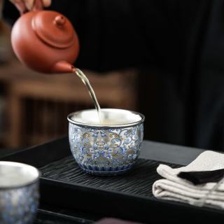 艾格辰 复古青花999陶瓷鎏银茶杯