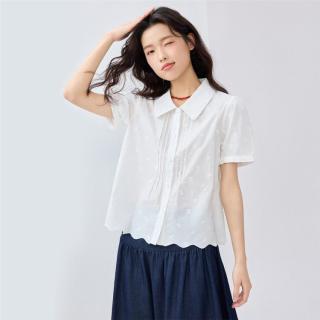 佐丹奴 夏季女式衬衫纯棉暗绣花压褶波浪边梭织短袖衬衫女士