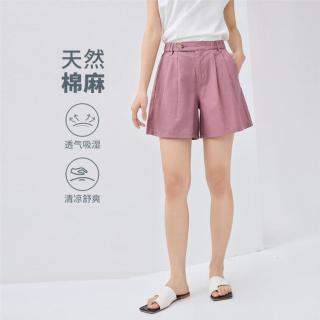 佐丹奴 夏季天然棉麻休闲裤女压褶半松紧腰梭织休闲短裤舒适宽松女款