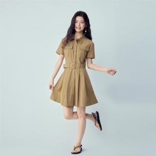 佐丹奴 纯棉工装连衣裙女夏短裙口袋梭织收腰显瘦衬衫连衣裙