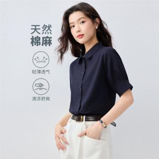 佐丹奴 天然棉麻女式衬衫夏季舒爽透气泡泡袖梭织日常通勤休闲衬衫女士