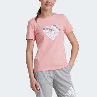 adidas 儿童粉色运动短袖 T 恤夏季透气爱心印花休闲百搭上衣