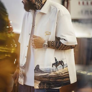 马登工装美式复古纪念谷古巴领衬衫短袖印花vintage衬衣男春夏
