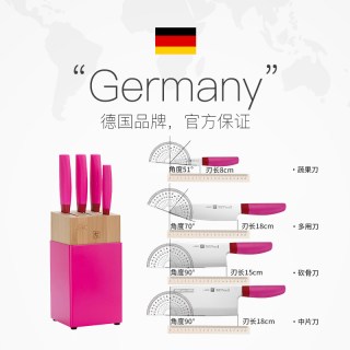 双立人 NowS 5件套（火龙果色） 不锈钢切菜刀 中式片刀 水果刀 砍骨刀 刀具套装