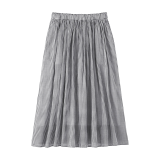 無印良品 MUJI 无印良品 强捻抽褶纯棉长半身裙 黑色格纹 M