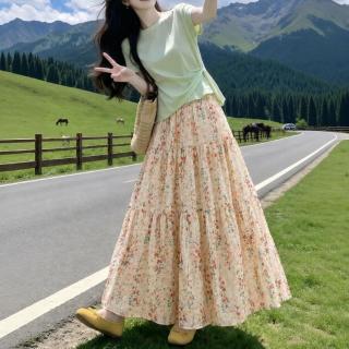雅羊人 清新碎花半身裙新款2026夏季松紧温柔显瘦气质印花中长款伞裙