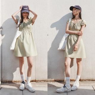 森马 夏季蝴蝶结少女感俏皮法式木耳边方领短裙百搭气质连衣裙女
