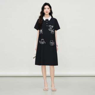 百家好 天丝撞色中长夏季连衣裙女百搭高级感微阔通勤休闲复古简约裙装