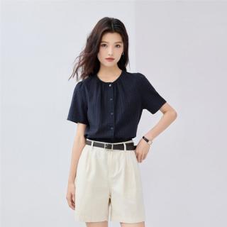 佐丹奴 纯棉提花暗纹女式衬衫夏季温柔气质圆领梭织休闲短袖衬衫女士
