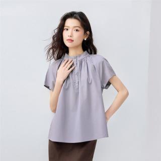佐丹奴 夏季纯棉府绸女式衬衫法式优雅压褶小立领插肩梭织短袖衬衫女