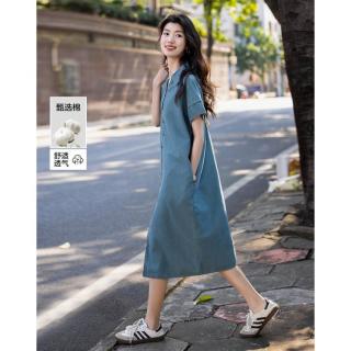 德玛纳 女式简约风翻领云朵棉宽松舒适短袖牛仔连衣裙