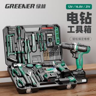 绿林 五金工具套装家用手动工具箱维修全套多功能家庭电工木工电钻大全 21V冲击电钻42件工具