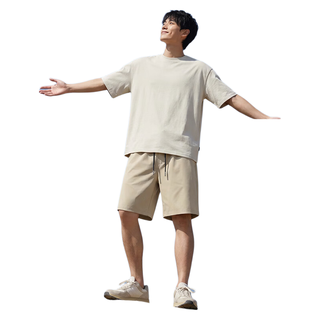班尼路 纯棉微落短袖T恤凉感空调短裤套装 浅卡其+卡其 XL