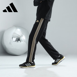 adidas 长裤男女春季宽松透气直筒裤跑步运动防风休闲裤  黑金