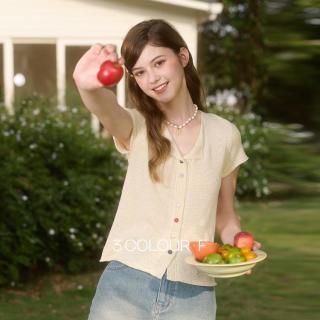 三彩 26夏秋新款多巴胺针织衫小翻领短袖毛衫修身短款女F