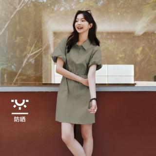 森马 夏季翻领灯笼袖盐系休闲风抽绳短裙户外连衣裙女