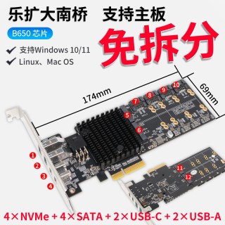 乐扩 B650大南桥卡PCIE4.0 X4转4盘NVME+4USB扩展卡NAS伴侣扩展卡免拆分
