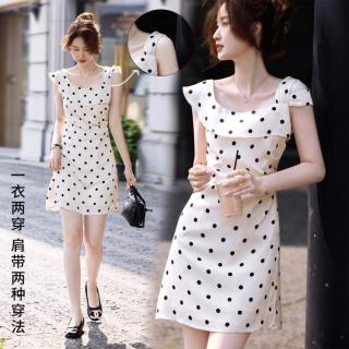 西遇 夏季新款波点收腰显瘦裙子女时尚气质休闲方领无袖设计感连衣裙