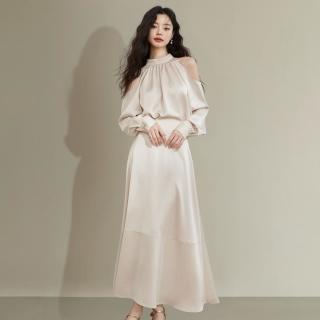西遇 轻奢温柔挂脖两件套女清凉夏季露肩缎面衬衫搭垂感半裙套装