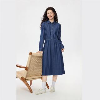 佐丹奴 简约休闲纯棉牛仔裙收腰显瘦翻领半开襟衬衫连衣裙女士