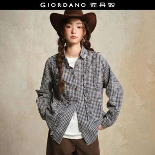 佐丹奴 设计系列秋季格纹泡泡纱拼接花边娃娃领梭织长袖衬衫女款