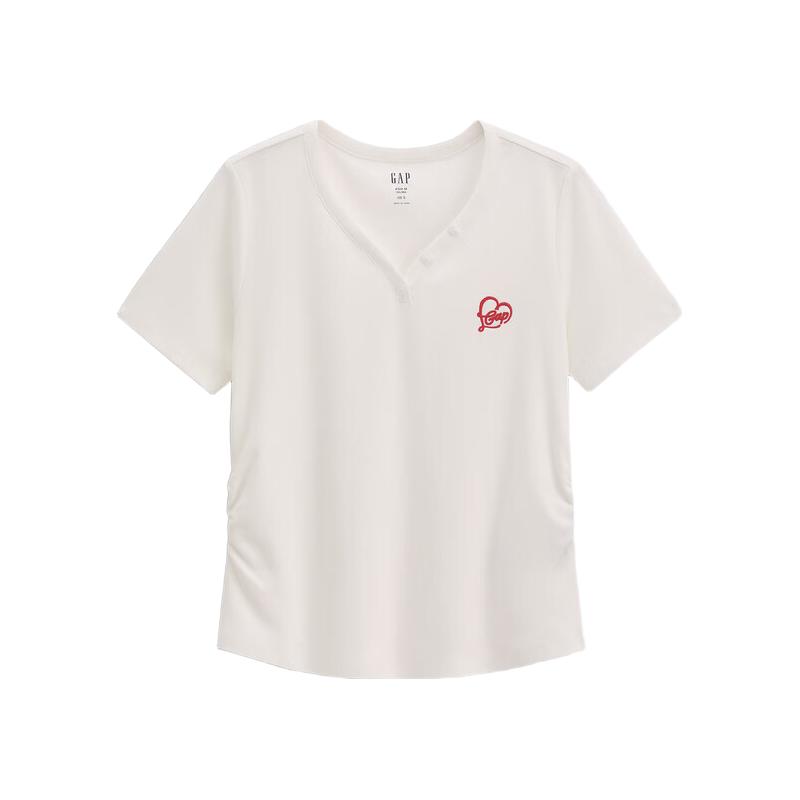 Gap 盖璞 纯棉V领爱心捏褶 白色 M(165/88A) 女士T恤