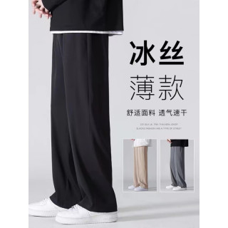QITA 冰丝直筒裤子男士夏季薄款速干男裤潮牌夏天垂感阔腿运动休闲长裤 327 黑色 M