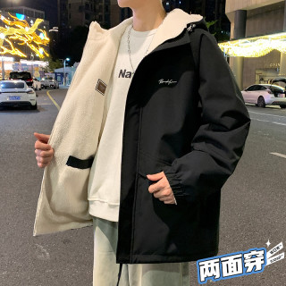 玛斯柏双面穿外套男士秋冬季新款潮流宽松春秋连帽羊羔绒百搭夹克