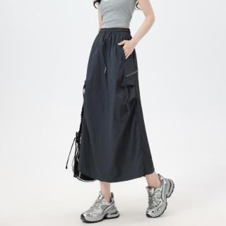町缇 抽绳两穿伞裙女夏款轻薄显瘦百搭休闲后开叉半截裙