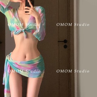 OMOM 欧美ins性感梦幻扎染罩衫纱裙比基尼四件套罩衫分体泳衣女